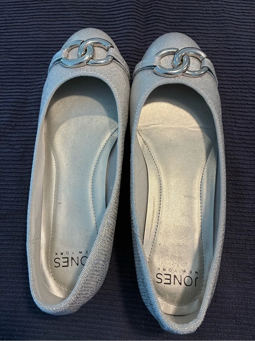 Jones New York Metallic Silver Chain-Accent Ballet Flats